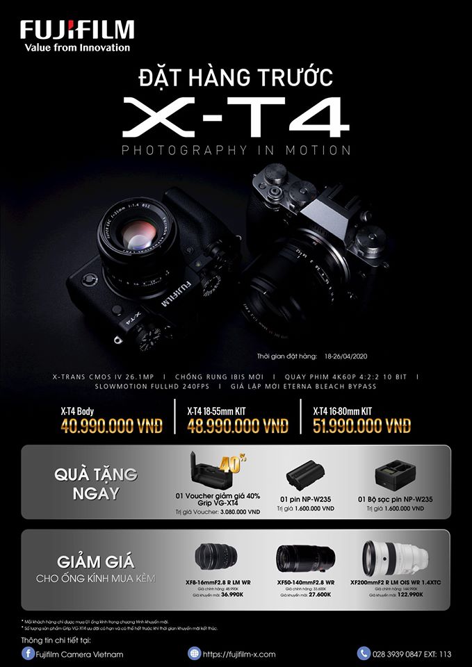 Pre-Order Fujifilm X-T4 - Nhận ngay bộ quà tặng trị giá lên đến 6 triệu đồng